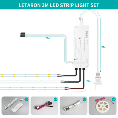 LETARON COB LED Strip Light 24V LED Tape Light, 480 pcs/M LEDs, Super Bright High Lumen 6000K Branco 3m, Dimmable com 3M Tape, 30W UL Power Supply, Touch SWITH para quarto, casa, cozinha DIY
