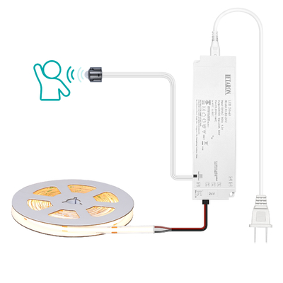 LETARON COB Fita de Luz LED 24V, Fita de LED, 480 LEDs/M, Super Brilhante Alto Lúmen 3000K Branco Quente 5m, Regulável com Fita de 5M, Fonte de Alimentação UL 60W, INTERRUPTOR PIR para Quarto, Casa, Cozinha DIY